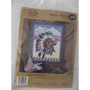 Vintage 1991 Indian Chief Cross Stitch Kit 14x18 Needle Yarns Floss Instructions